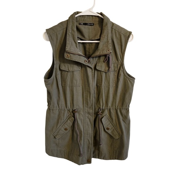 Maurices Jackets & Blazers - Maurices woman SZ L Long Military Green Vest Pockets Cinched Waist Grunge Cotton